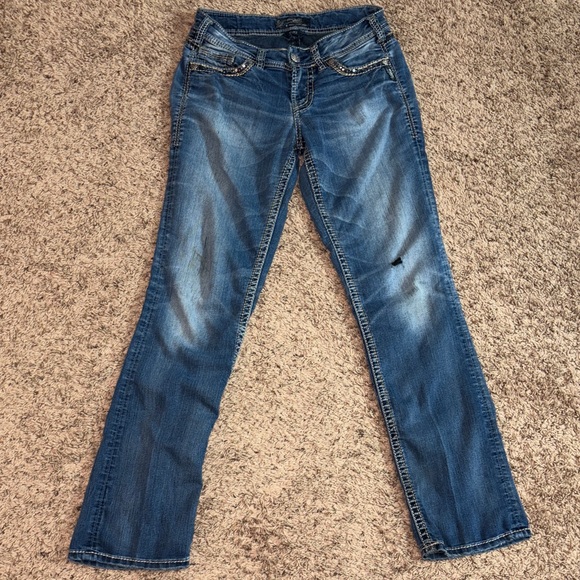 Silver Jeans Co. Suki Mid-Rise Slim Bootcut Y2K Sequin Jeans W28 L33 Small Hole - Picture 1 of 8